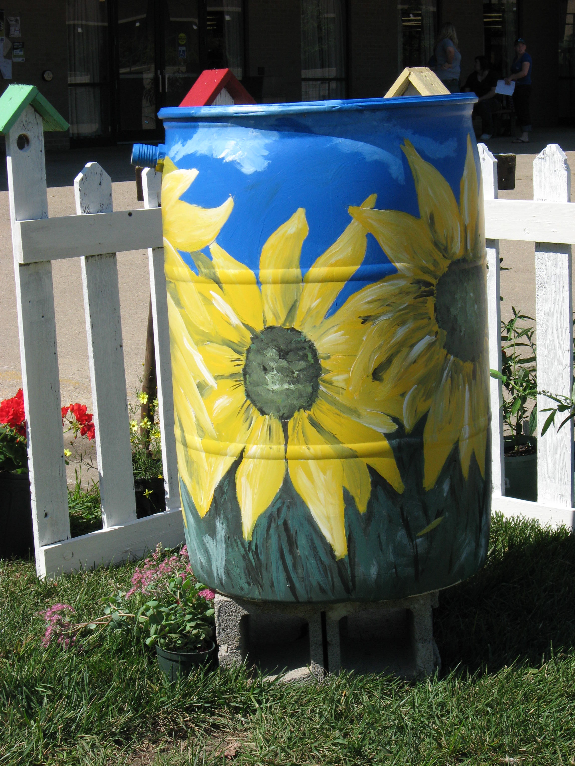 Sunflower rain barrel